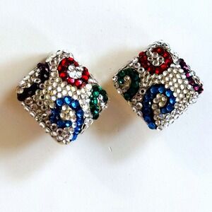 Glitzy Flashy Earrings VTG Clip Crystal Austrian Rhinestone Chunky 80s Jeweled